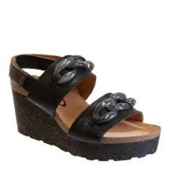 OTBT Leather Fair Isle Wedge Sandals  Black Leather  Women Size 8.5  NIB - Picture 1 of 7